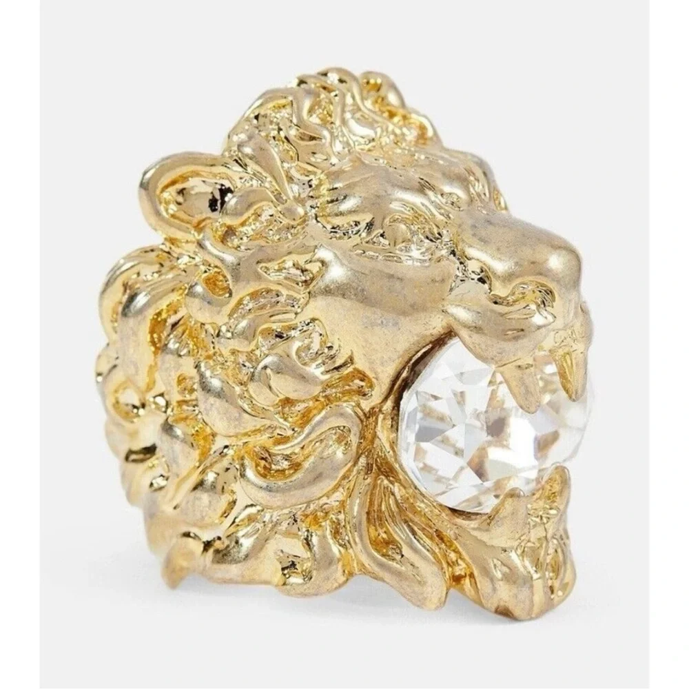 Gucci Gold Lion Ring with Clear Crystal